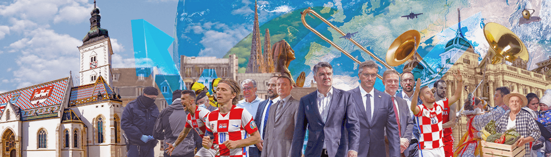 Croatel broadcast graphics composition with Zagreb, celebrations, politicians, sport, and culture imagery