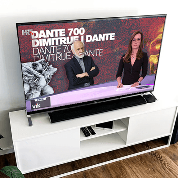TV mockup showing DANTE 700 broadcast graphic