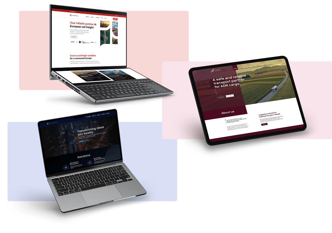 Client website mockups for Azimut International, Union Rail, and Elite Digital agency