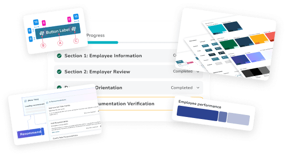 Neogov UI composition with employee profile, dashboard, and design system cards