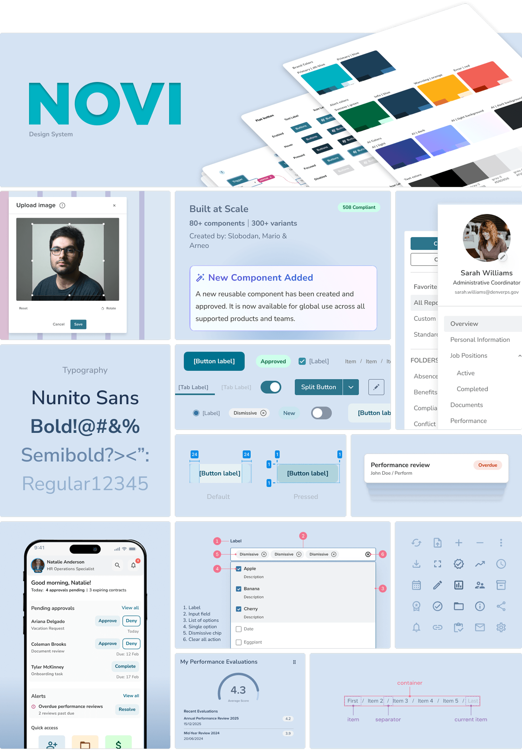 NOVI design system showcase including components, color palette, typography, and mobile screens