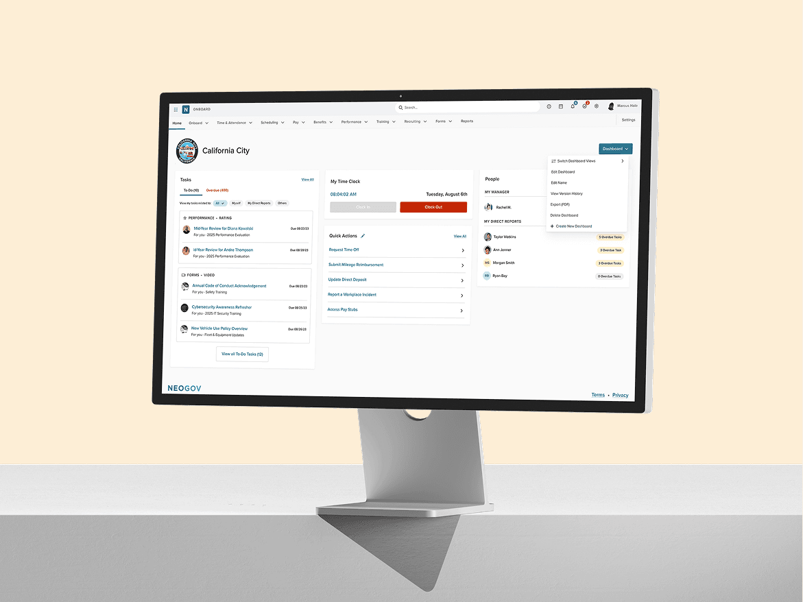 Neogov product dashboard on monitor with peach background