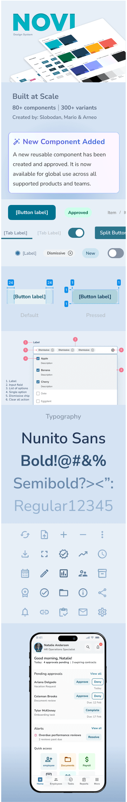 NOVI design system showcase including components, color palette, typography, and mobile screens