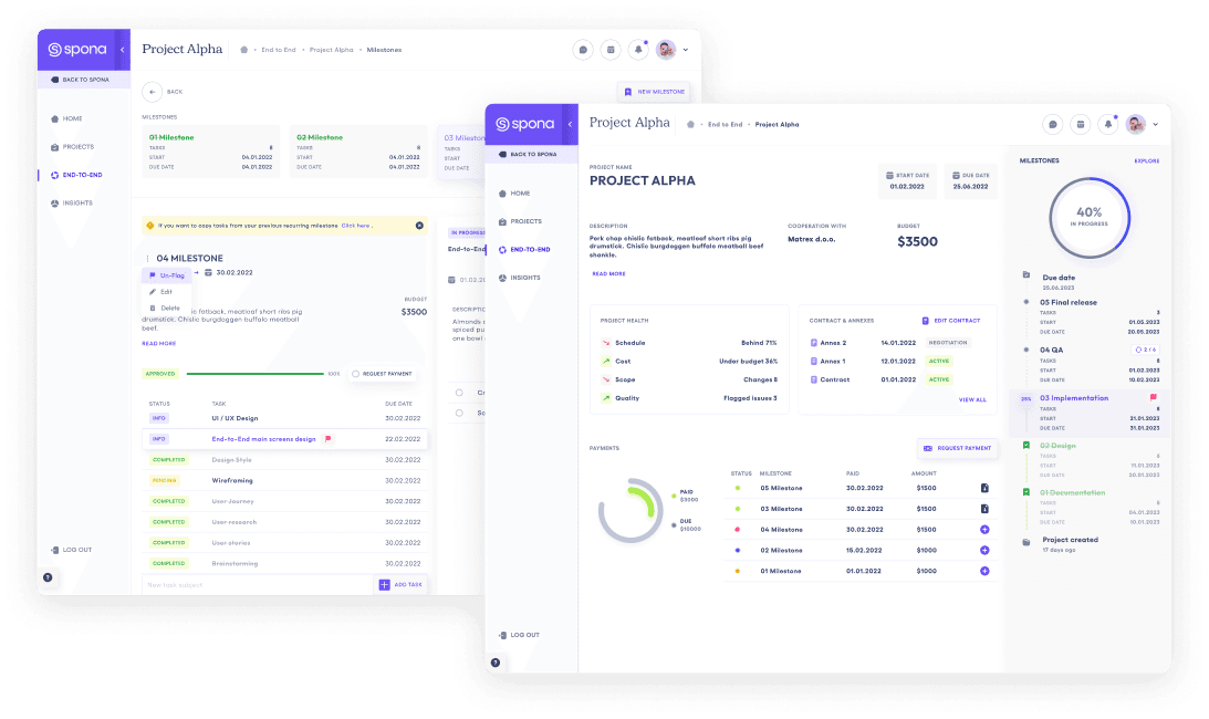 Spona platform dashboards showing project briefs, agency profiles, and reporting