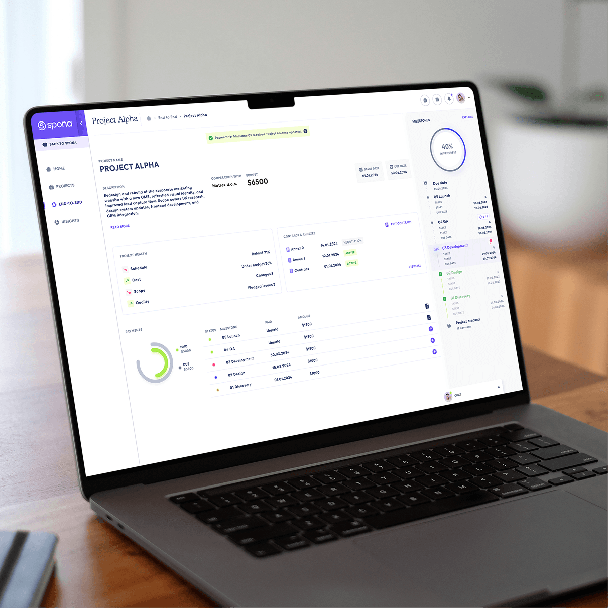 Spona project dashboard on a laptop